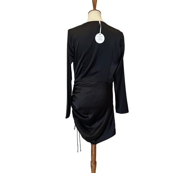 Revolve Black Ruched Mini Dress LARGE Cocktail Cowl Satin More to Come $88 NEW - Picture 6 of 8